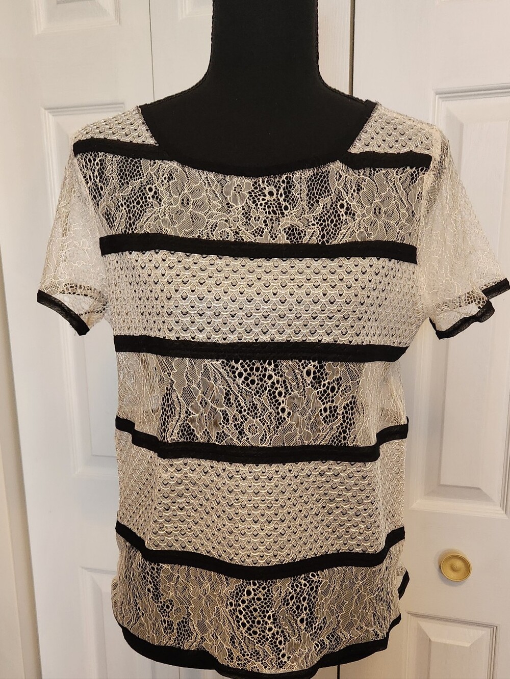 LOFT Black and Cream Lace Stripe Short-Sleeve Top